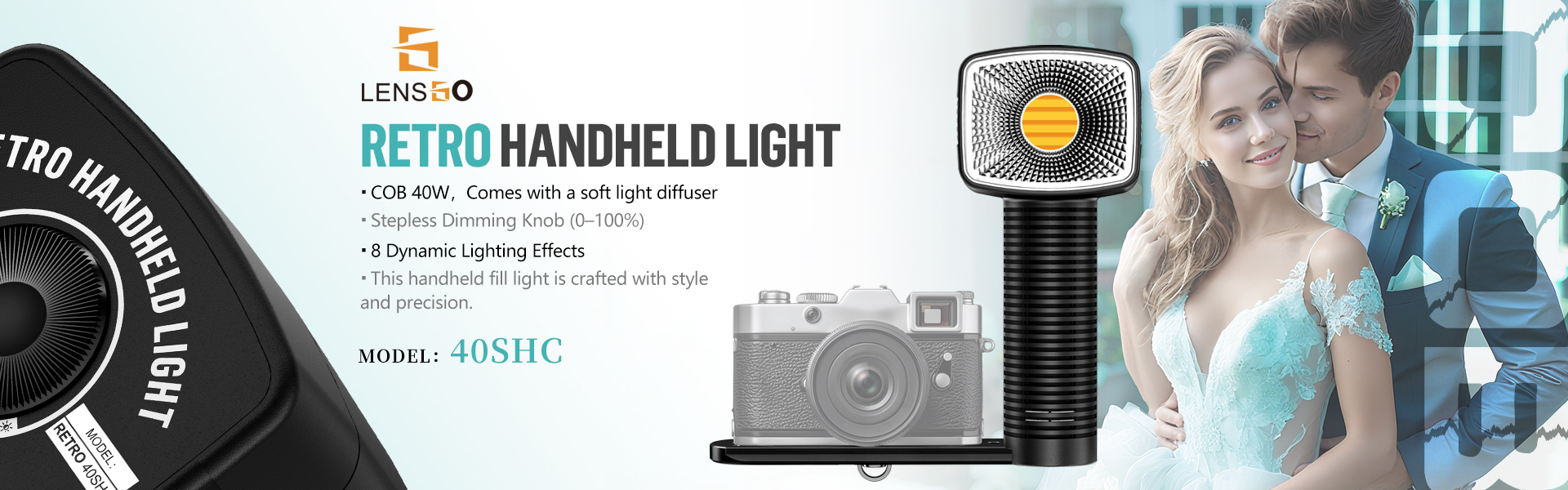LENSGO 40SHC PRO Retro Handheld Fill Light, Bi-Color COB Video Light, Professional Photography Lamp, 8 Light Effects, Built-in Battery, Type-C Charging, for Smartphone & Camera Shooting